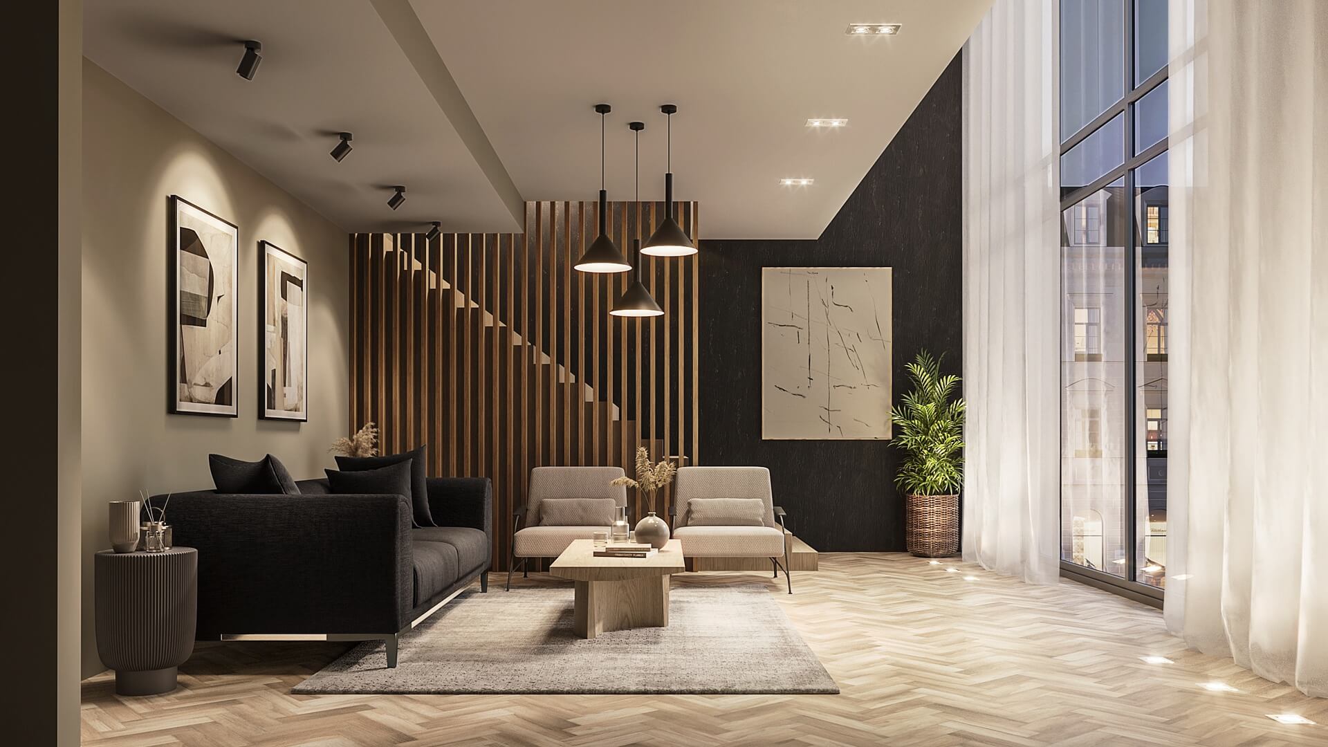 a living room filled with furniture and a large window